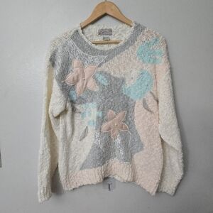 Vtg Spice of Life White Gray & Pink Sweater w/Floral Appliques & Pearls Size M